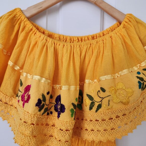 Summer Festival Mexican Yellow Off-Shoulder Top Floral Embroidery Crochet Boho - Picture 3 of 8